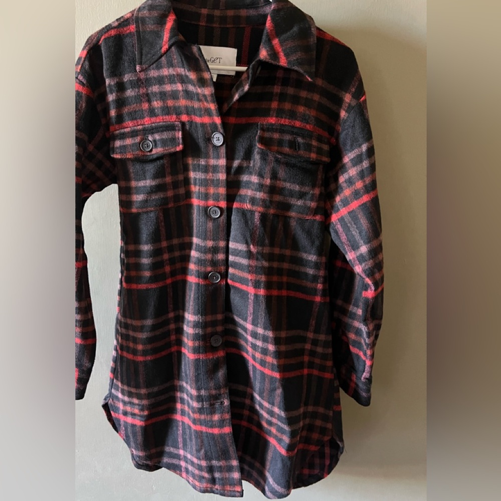 “The Get” Tunic Flannel Black & Orange Plaid Button Down Shirt Sz XS
